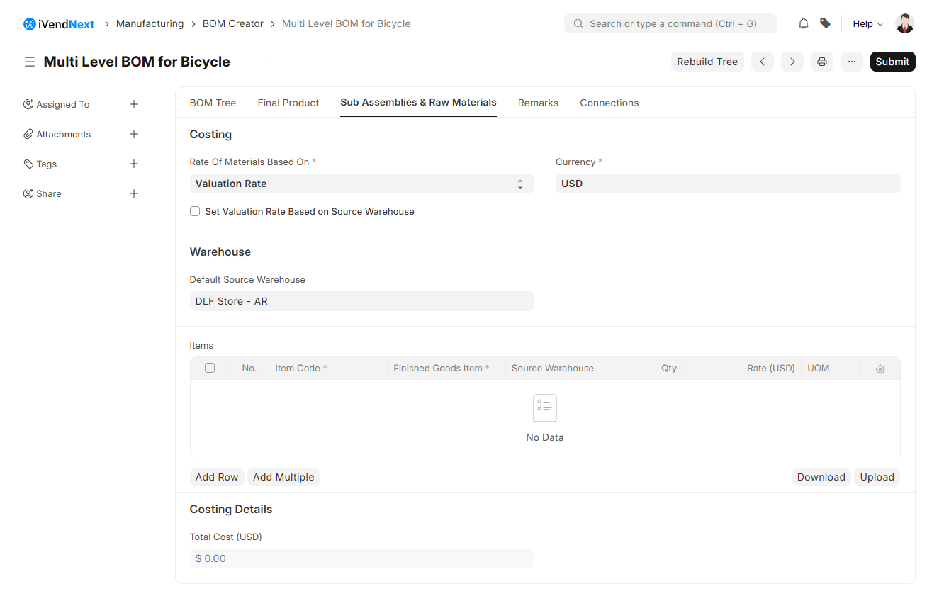 Multi Level BOM Creator - Sub Assemblies and Raw Materials